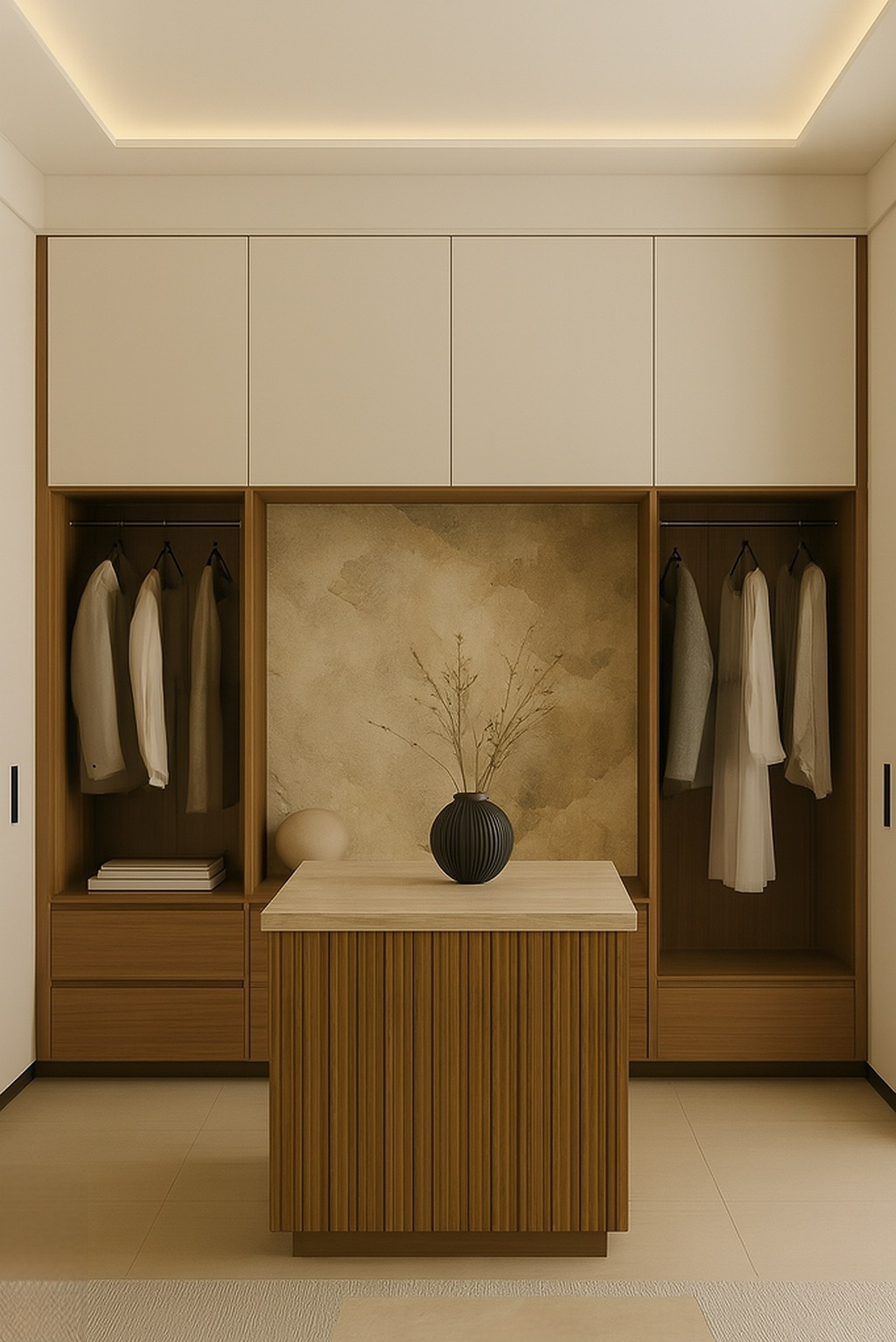 Elegancka szafa wnękowa z drewnianymi akcentami i beżowymi frontami, uzupełniona dekoracyjną wazą i subtelnym oświetleniem, tworząca harmonijną przestrzeń garderoby.