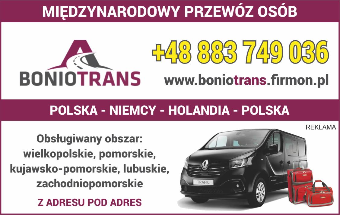 Reklama firmy transportowej BonioTrans z numerem telefonu, adresem strony internetowej i zakresem działania Polska-Niemcy-Holandia, z czarnym busem Renault Trafic i czerwonymi walizkami.