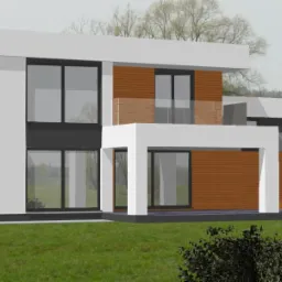 Wizualizacja nowoczesnego domu z płaskim dachem, białymi ścianami i elementami z drewna, duże okna, balkon z szklaną balustradą, otoczenie z zielenią.
