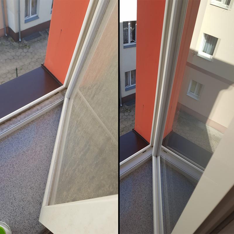 Porównanie okna przed i po umyciu, widoczne różnice w przejrzystości szyby, z widokiem na budynek z pomarańczowym elementem elewacji.