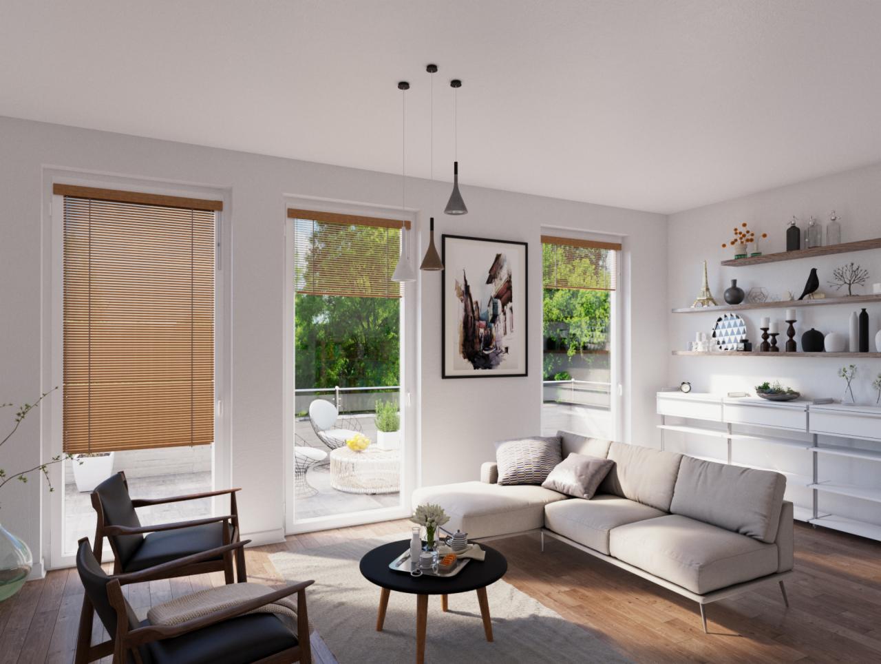 Jasne wnętrze salonu z drewnianymi poziomymi osłonami okiennymi w kolorze brązowym, widok na balkon i ogród przez otwarte drzwi balkonowe.