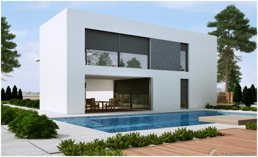 Nowoczesny dom z basenem i zaciemnionymi oknami z systemem rolet zewnętrznych.