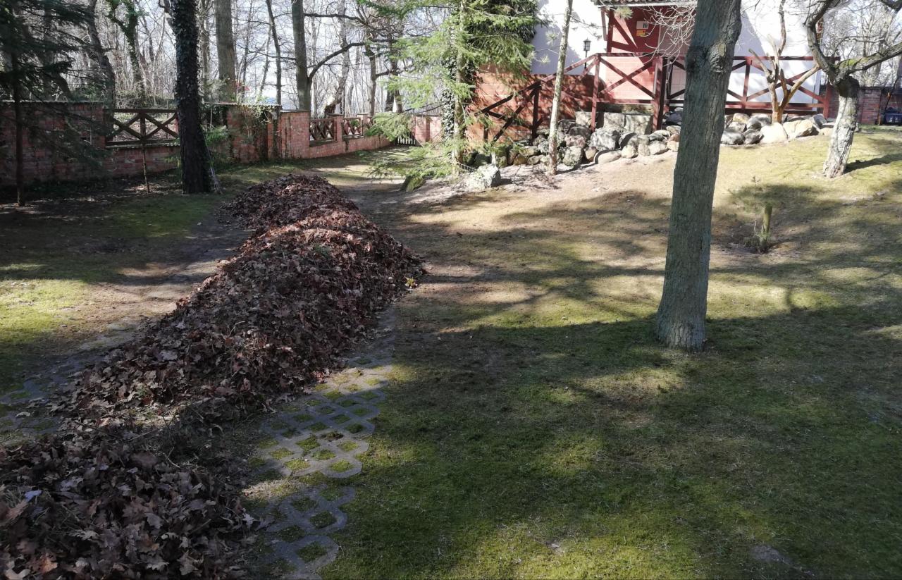 Kupa zgrabionych, brązowych liści leżąca na trawniku w ogrodzie, widoczna ceglana ściana z drewnianymi elementami w tle.