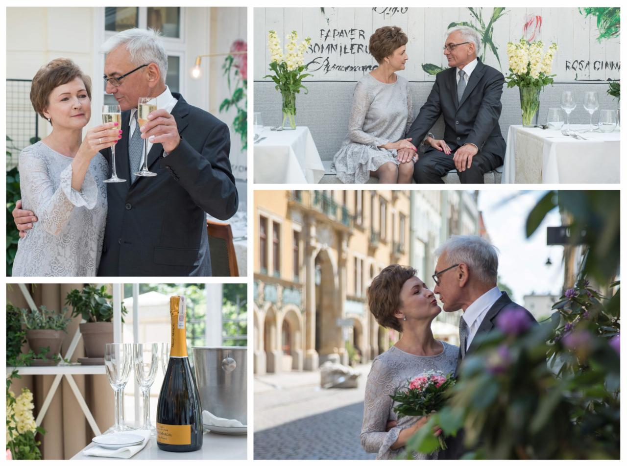 Kolaż zdjęć przedstawiający parę w średnim wieku podczas uroczystości: toast szampanem, siedzenie przy stole z kwiatami, pocałunek na tle miejskiej zabudowy.