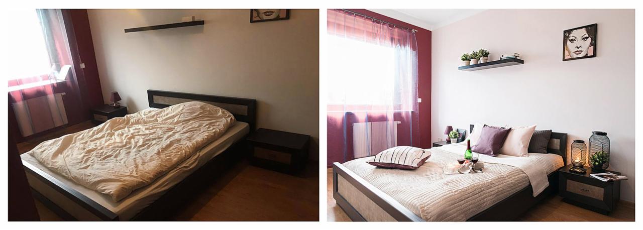 Porównanie pokoju przed i po metamorfozie: z lewej nieuporządkowane łóżko, z prawej stylowa aranżacja z dekoracjami, lampami i butelką wina na łóżku.