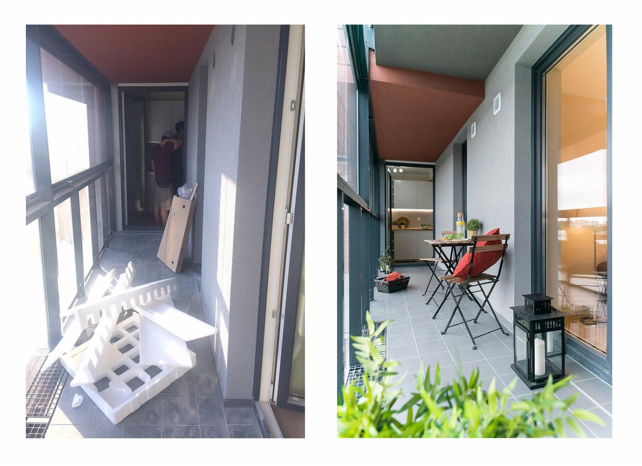 Zdjęcie przedstawia balkon przed i po remoncie. Po lewej stronie widoczny bałagan, styropianowe elementy, karton i dwie osoby w tle. Po prawej stronie balkon po remoncie: stolik z krzesłami...