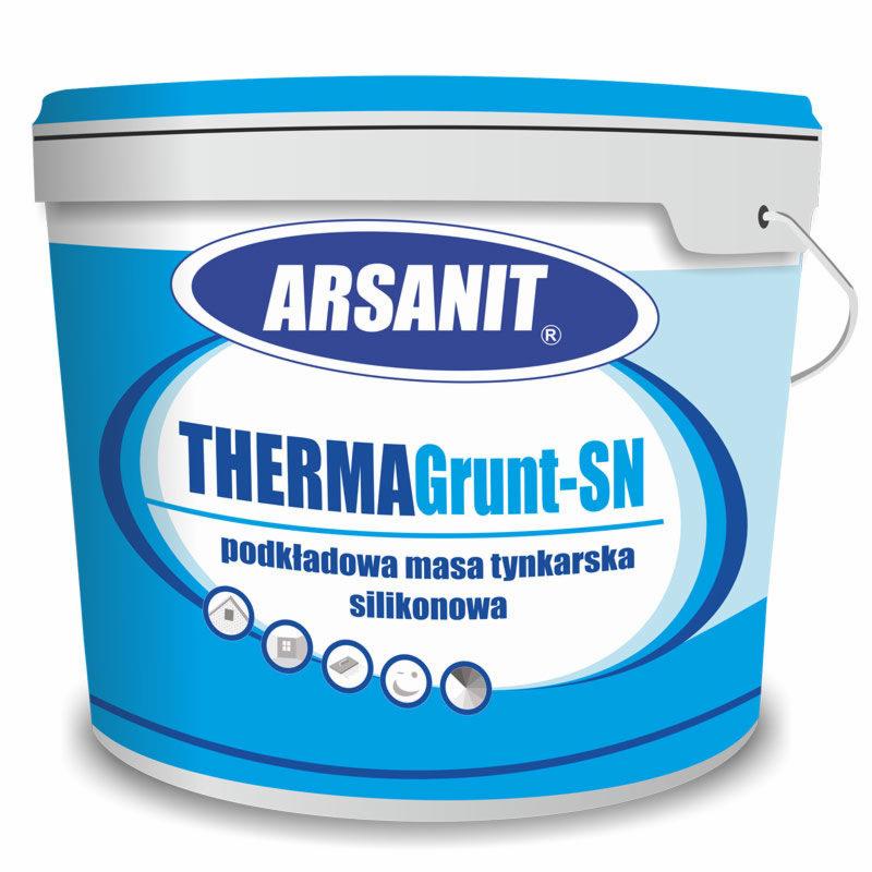 Wiadro z podkładową masą tynkarską silikonową ARSANIT THERMAgrunt-SN w kolorze biało-niebieskim, z widocznym logo i opisem produktu.