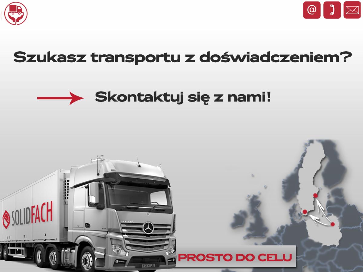 Grafika reklamowa firmy transportowej: nowoczesna ciężarówka z naczepą chłodniczą marki Solidfach na tle mapy Europy z zaznaczonymi trasami transportowymi, hasło 'Szukasz transportu...