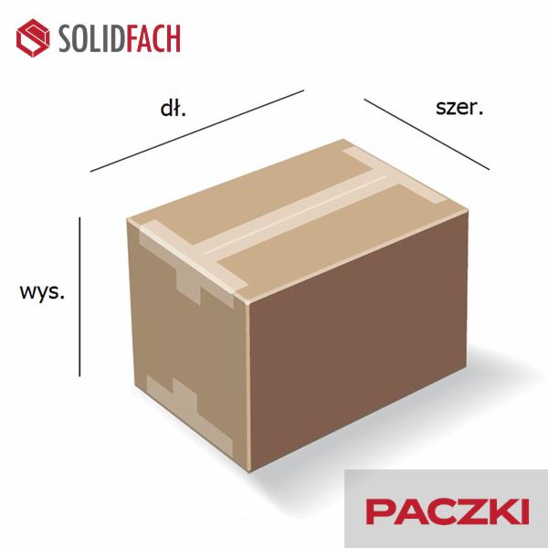 Ilustracja kartonowego pudełka z zaznaczonymi wymiarami: długość, szerokość, wysokość oraz logo firmy SolidFach i napis Paczki.