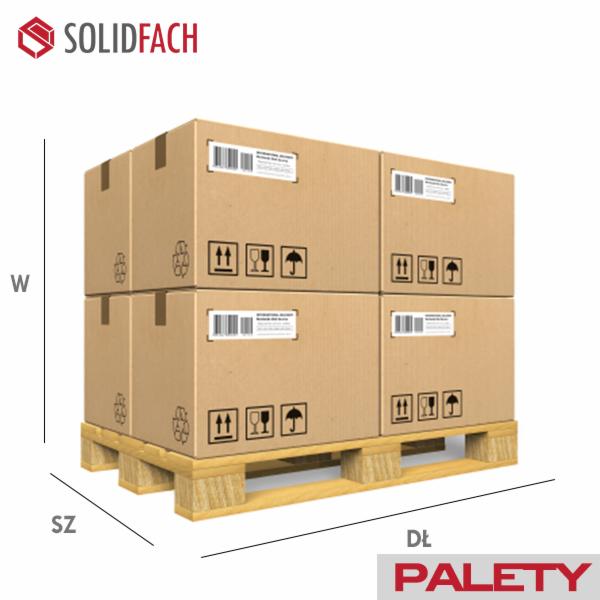 Cztery kartonowe pudła ułożone na drewnianej palecie, z widocznymi etykietami i symbolami ostrożnego obchodzenia się z towarem, prezentowane na białym tle z oznaczeniami wymiarów.