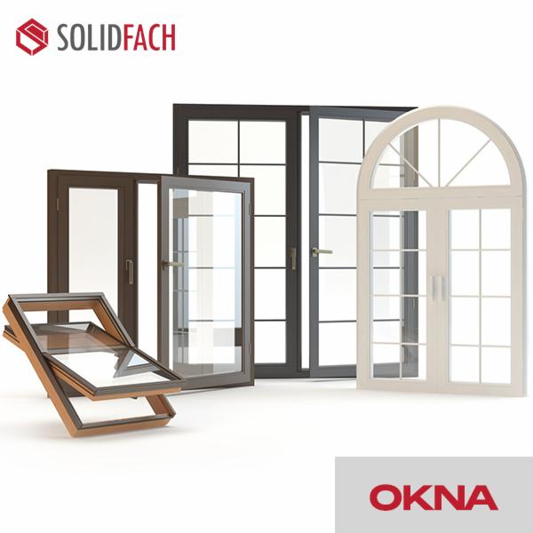 Prezentacja różnych modeli okien: uchylne okno dachowe z drewnianą ramą, okno z brązową ramą, dwuskrzydłowe okno z szarą ramą i klasyczne, białe okno z łukiem u góry.