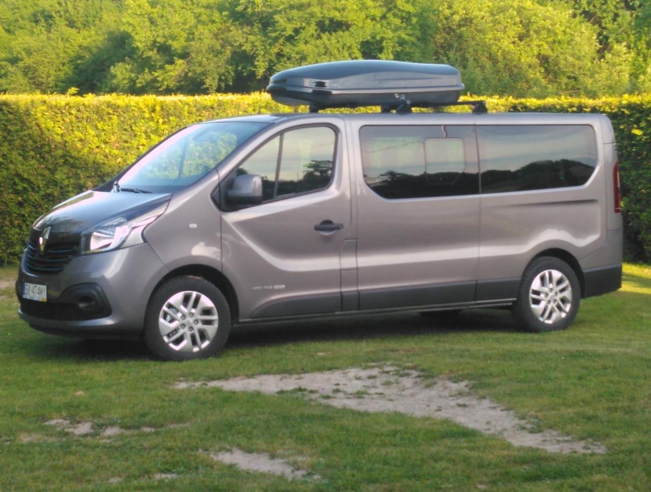 Szary van Renault Trafic z bagażnikiem dachowym na tle zielonego żywopłotu i trawnika.