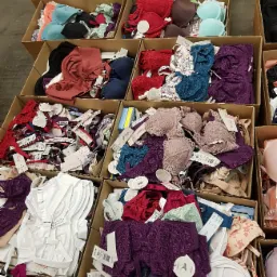 Kartonowe pudła wypełnione r&oacute;żnorodną bielizną Triumph w r&oacute;żnych kolorach i fasonach, widoczne metki i etykiety. Ujęcie z g&oacute;ry.