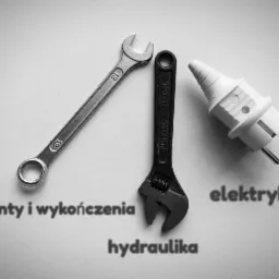 Klucz płaski nr 13, czarny klucz nastawny oraz biała wtyczka elektryczna na jasnym tle, z podpisami 'remonty i wykończenia', 'hydraulika' oraz 'elektryka'.