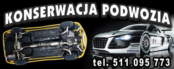 Grafika reklamowa: Żółty samochód na podnośniku, widok podwozia obok białego samochodu sportowego, napis 'Konserwacja podwozia' i numer telefonu.