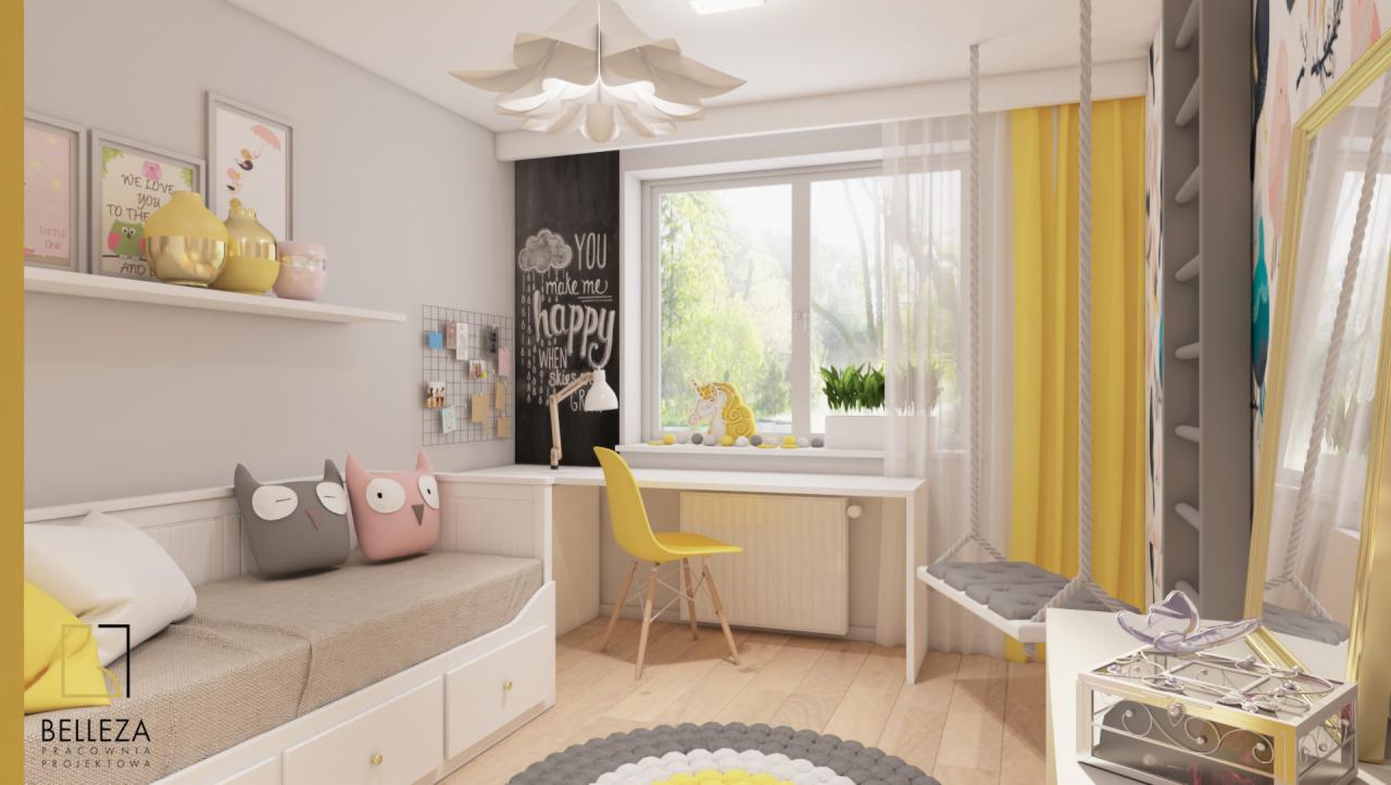 Wizualizacja pokoju dziecięcego z łóżkiem z szufladami, biurkiem z tablicą kredową, huśtawką podwieszaną i żółtymi akcentami.