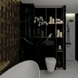 Wizualizacja nowoczesnej łazienki z wanną wolnostojącą, czarnymi marmurowymi ścianami, złotą ścianą 3D i prysznicem typu walk-in.