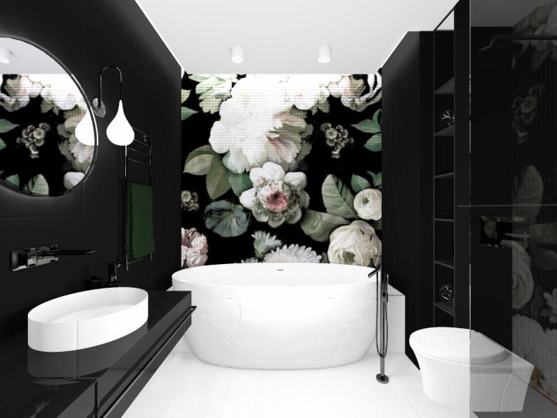 Elegancka, czarno-biała łazienka z motywem kwiatowym na ścianie, owalna umywalka nablatowa i wolnostojąca wanna z baterią podłogową.