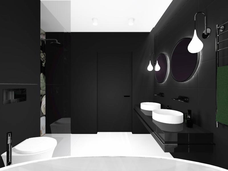 Nowoczesna łazienka w czerni i bieli z owalnymi umywalkami, okrągłymi lustrami podświetlonymi LED i deszczownicą za szklaną ścianką.