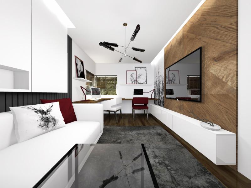 Wizualizacja nowoczesnego salonu z miejscem do pracy: biała sofa z poduszkami z motywem jelenia, szklany stolik kawowy, biurko z komputerem, drewniana ściana z telewizorem, designerska lampa sufitowa.