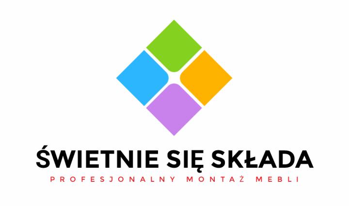 Logo firmy 'Świetnie się składa' oferującej profesjonalny montaż mebli, z kolorowym symbolem graficznym złożonym z czterech kwadratów: zielonego, niebieskiego, pomarańczowego i fioletowego.