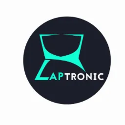 Logo firmy Laptronic z turkusowym symbolem stylizowanego laptopa na ciemnogranatowym tle w okręgu.