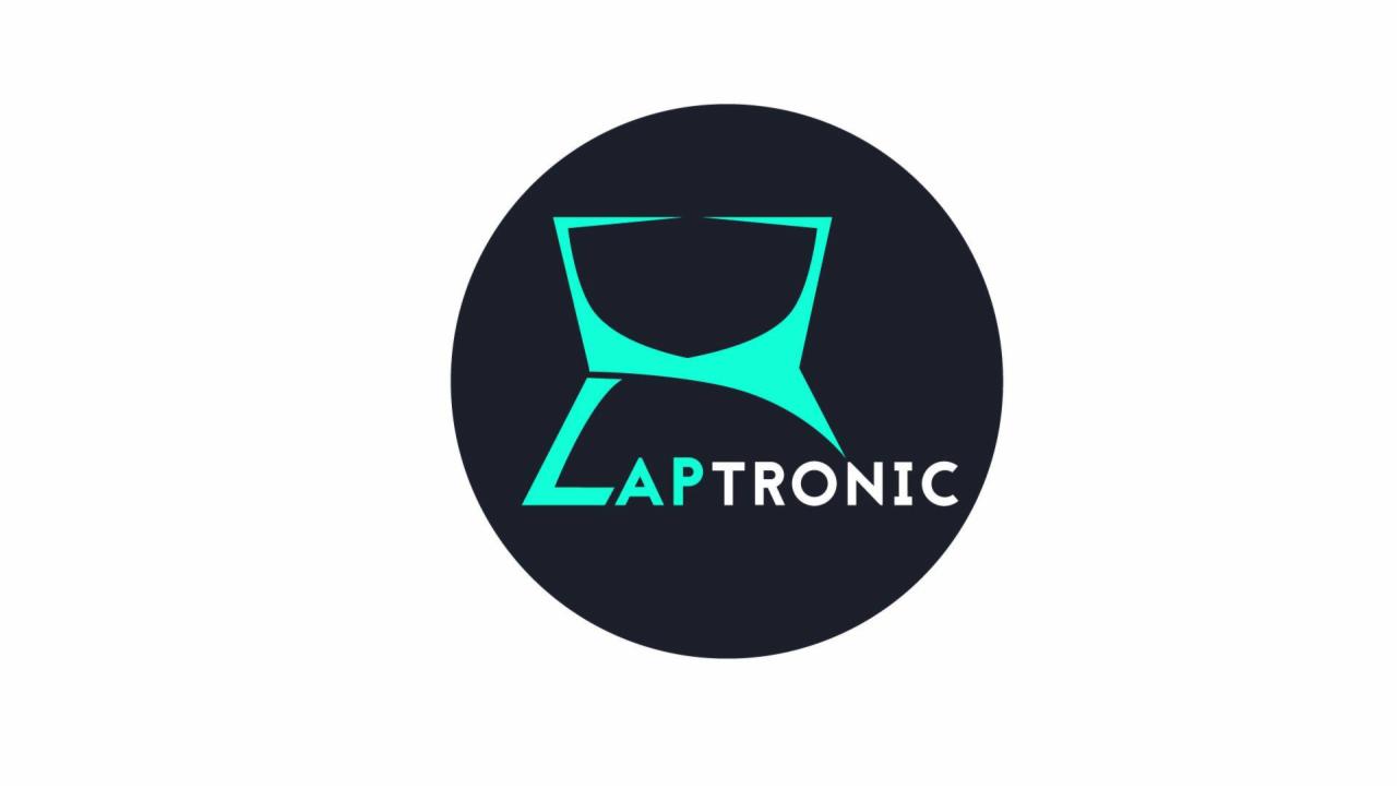 Logo firmy Laptronic z turkusowym symbolem stylizowanego laptopa na ciemnogranatowym tle w okręgu.