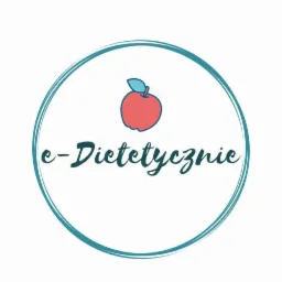 Logo z czerwonym jabłkiem i napisem 'e-Dietetycznie' w turkusowym okręgu na białym tle.