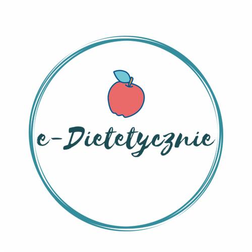 Logo z czerwonym jabłkiem i napisem 'e-Dietetycznie' w turkusowym okręgu na białym tle.