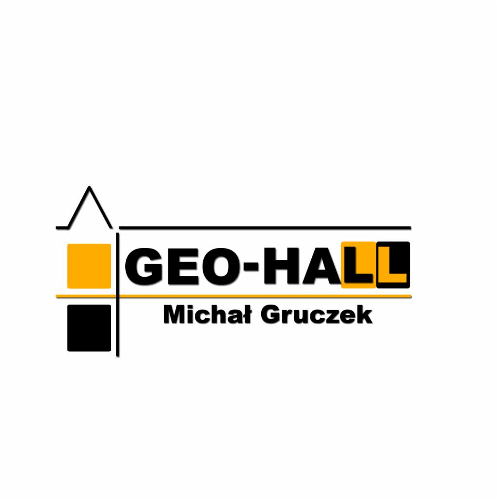 Logo firmy GEO-HALL Michała Gruczka z elementami graficznymi w kolorach czarnym i żółtym, stylizowanymi na budynek.