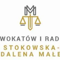 Logo Kancelarii Adwokatów i Radców Prawnych Monika Stokowska-Bażant Magdalena Małecka, z symbolem wagi i litery M w kolorach szarości i złota.