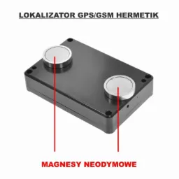 Hermetyczny lokalizator GPS/GSM z magnesami neodymowymi na białym tle.