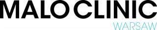 Logo MALO CLINIC Warsaw z czarnym napisem 'MALO CLINIC' i turkusowym 'WARSAW' poniżej na białym tle.