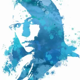 Akwarelowy portret kobiety w okularach, utrzymany w odcieniach błękitu i turkusu, z efektem rozprysków farby.