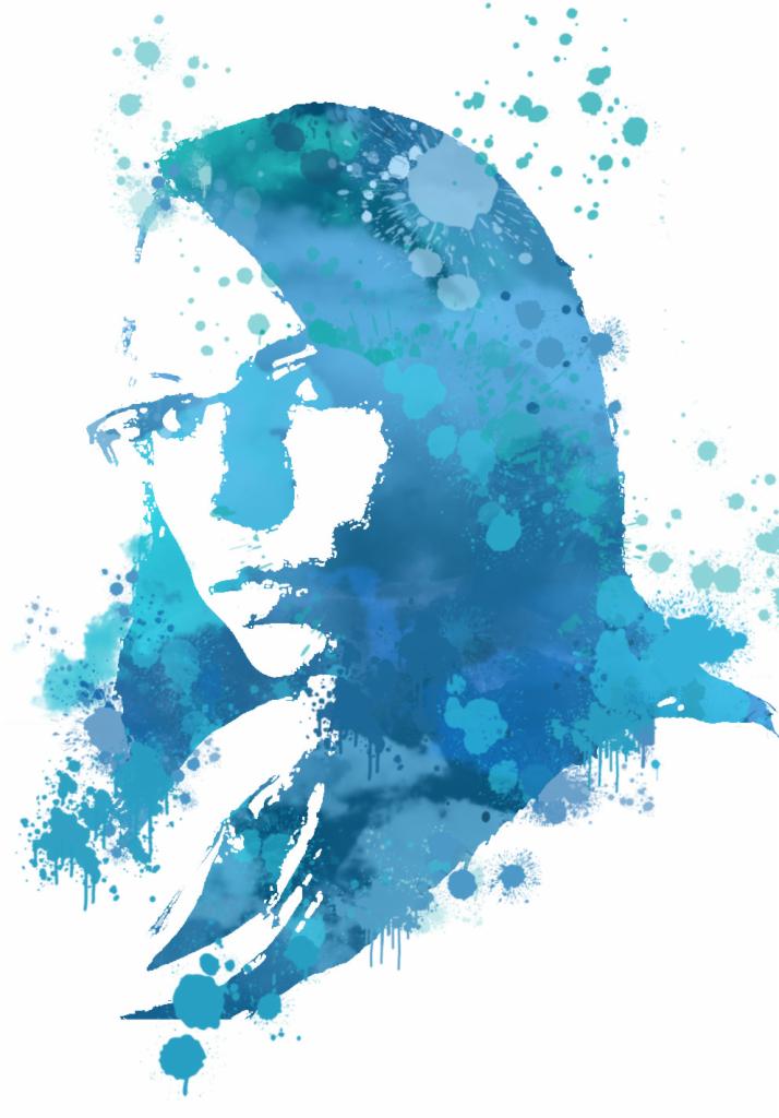 Akwarelowy portret kobiety w okularach, utrzymany w odcieniach błękitu i turkusu, z efektem rozprysków farby.