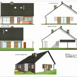 Projekt domu jednorodzinnego: elewacja frontowa, tylna i boczne oraz widok w perspektywie. Wizualizacja prezentuje kolorystykę: szara blachodachówka, białe tynki zewnętrzne i jasnobukowe żaluzje...