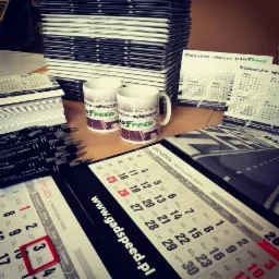 Stos kalendarzy biurkowych, kubki z logo firmy, długopisy firmowe i kalendarze ścienne na stole, prezentacja materiałów promocyjnych.