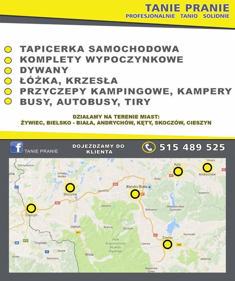 Grafika reklamowa firmy 'Tanie Pranie' oferującej pranie tapicerki samochodowej, kompletów wypoczynkowych, dywanów, łóżek, krzeseł, przyczep kampingowych, kamperów, busów, autobusów i tirów, z mapą...