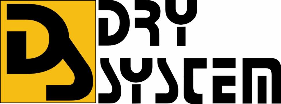 Logo firmy Dry System z Warszawy, czarne litery na białym tle i żółty kwadrat z inicjałami DS.
