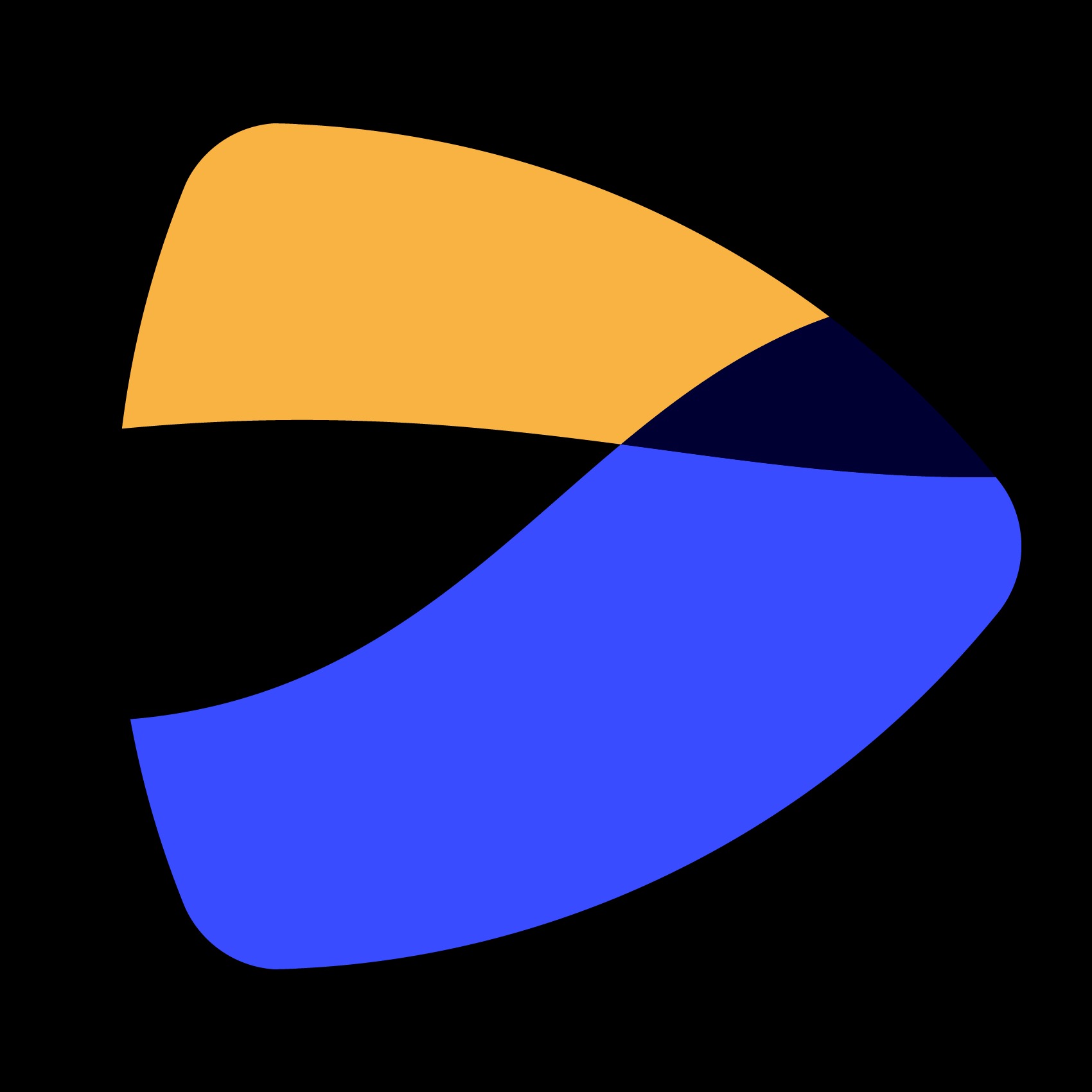 Abstrakcyjne logo w kształcie strzałki, złożone z żółtego, granatowego i niebieskiego elementu na czarnym tle. Minimalistyczny design.