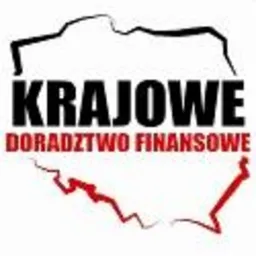 Logo firmy Krajowe Doradztwo Finansowe na tle konturu mapy Polski, czarno-czerwona kolorystyka, napis 'KRAJOWE' czarną czcionką, 'DORADZTWO FINANSOWE' czerwoną czcionką.