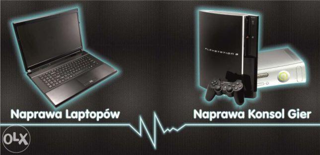 Grafika reklamowa z laptopem i konsolami do gier (PlayStation 3 i Xbox 360) oraz napisami 'Naprawa Laptopów' i 'Naprawa Konsol Gier' na ciemnym tle z efektem metalowej siatki.