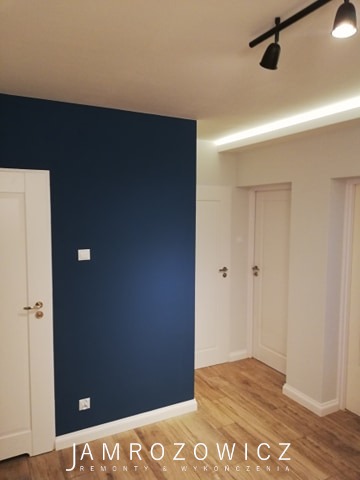 Wnętrze po odświeżeniu: ściana pomalowana na granatowo, kontrastująca z białymi drzwiami i listwami przypodłogowymi, drewniana podłoga, oświetlenie szynowe na suficie i ukryte światło LED.