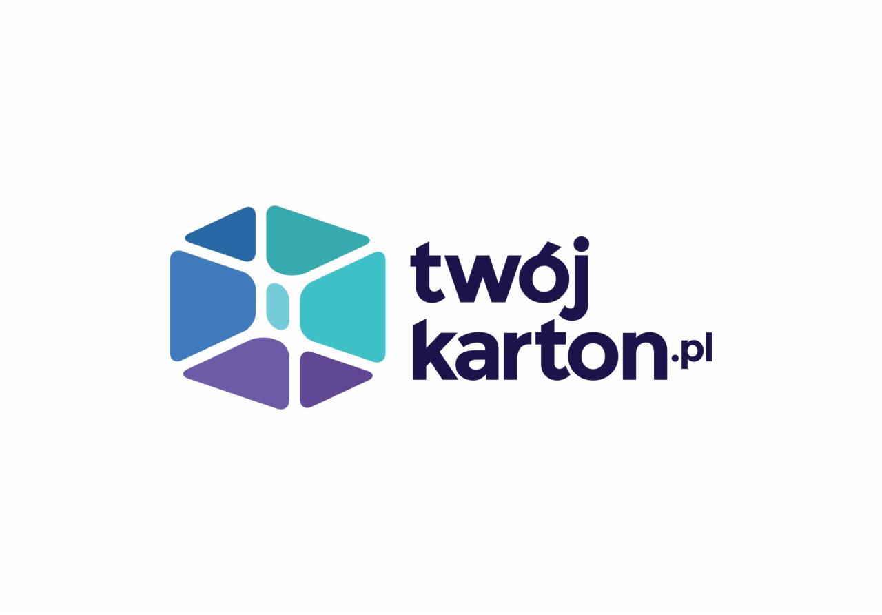 Logo firmy 'twój karton.pl' przedstawia abstrakcyjny sześcian w odcieniach niebieskiego, turkusowego i fioletowego, obok nazwa firmy w kolorze granatowym.