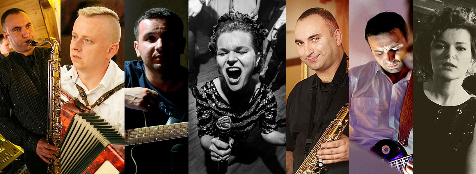 Kolaż portretów muzyków grających na różnych instrumentach: saksofon, akordeon, gitara, wokalistka z mikrofonem.