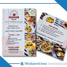 WYDAWNICTWO SAMORZĄDOWE spółka z o.o. - Dwa egzemplarze ulotek reklamowych restauracji, prezentujące dania i ofertę cateringową, z wyraźnymi zdjęciami potraw i informacjami kontaktowymi.