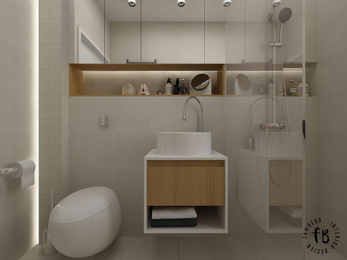 Nowoczesna łazienka z umywalką nablatową, drewnianą szafką, podświetlanymi półkami i kabiną prysznicową ze szklaną ścianą.