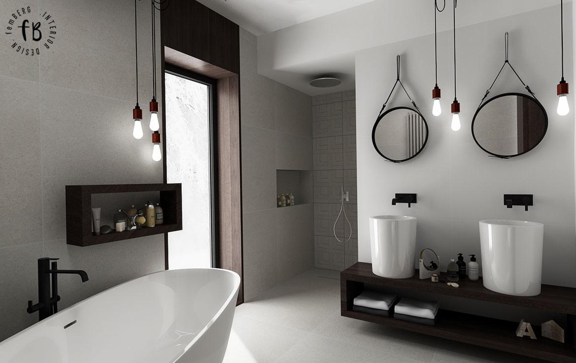 Nowoczesna łazienka w Krakowie z wolnostojącą wanną, umywalkami nablatowymi na drewnianej półce, okrągłymi lustrami na skórzanych paskach i minimalistycznym oświetleniem.