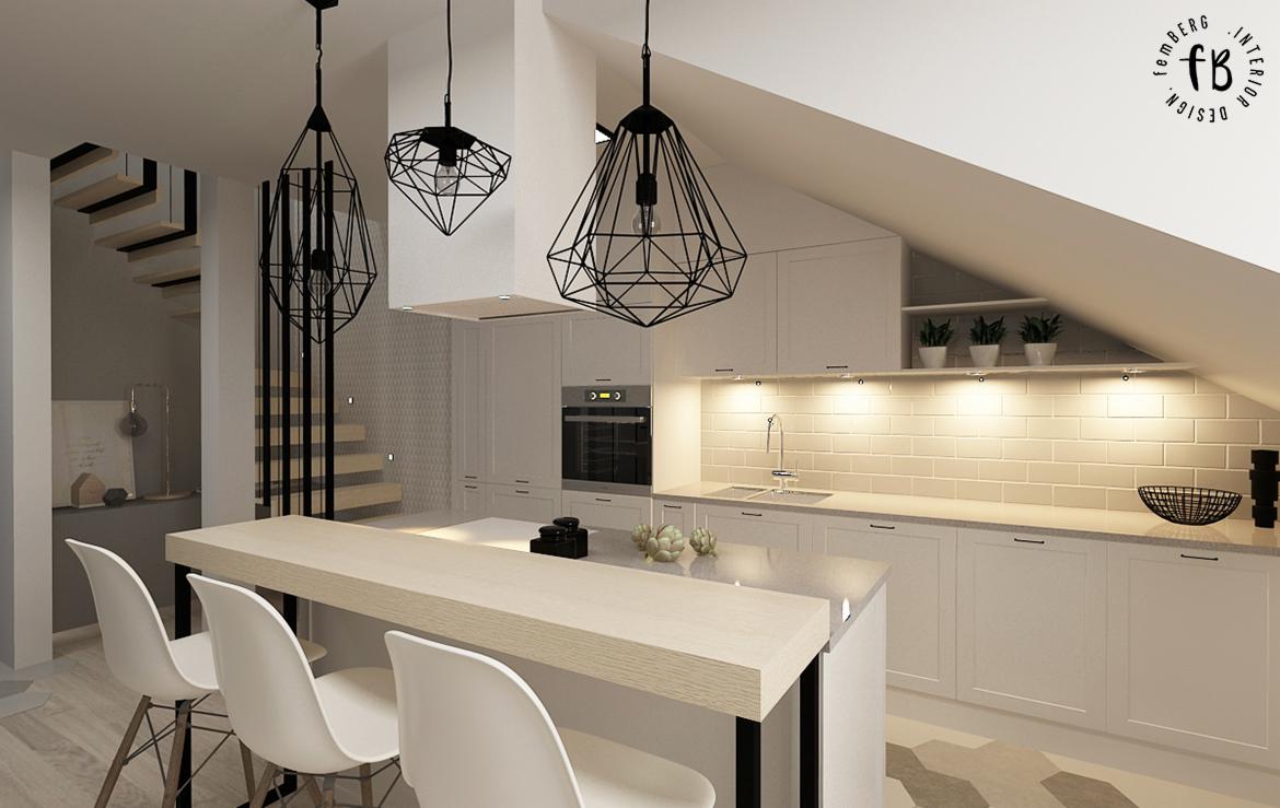 Wizualizacja nowoczesnej, białej kuchni w skandynawskim stylu z wyspą, trzema geometrycznymi lampami wiszącymi oraz schodami w tle.