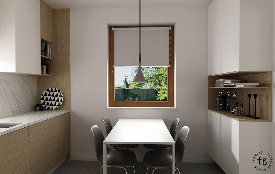 Wizualizacja jasnej kuchni z drewnianymi akcentami, białymi szafkami i stołem jadalnym dla czterech osób, widok na zielony ogród przez okno z roletą.